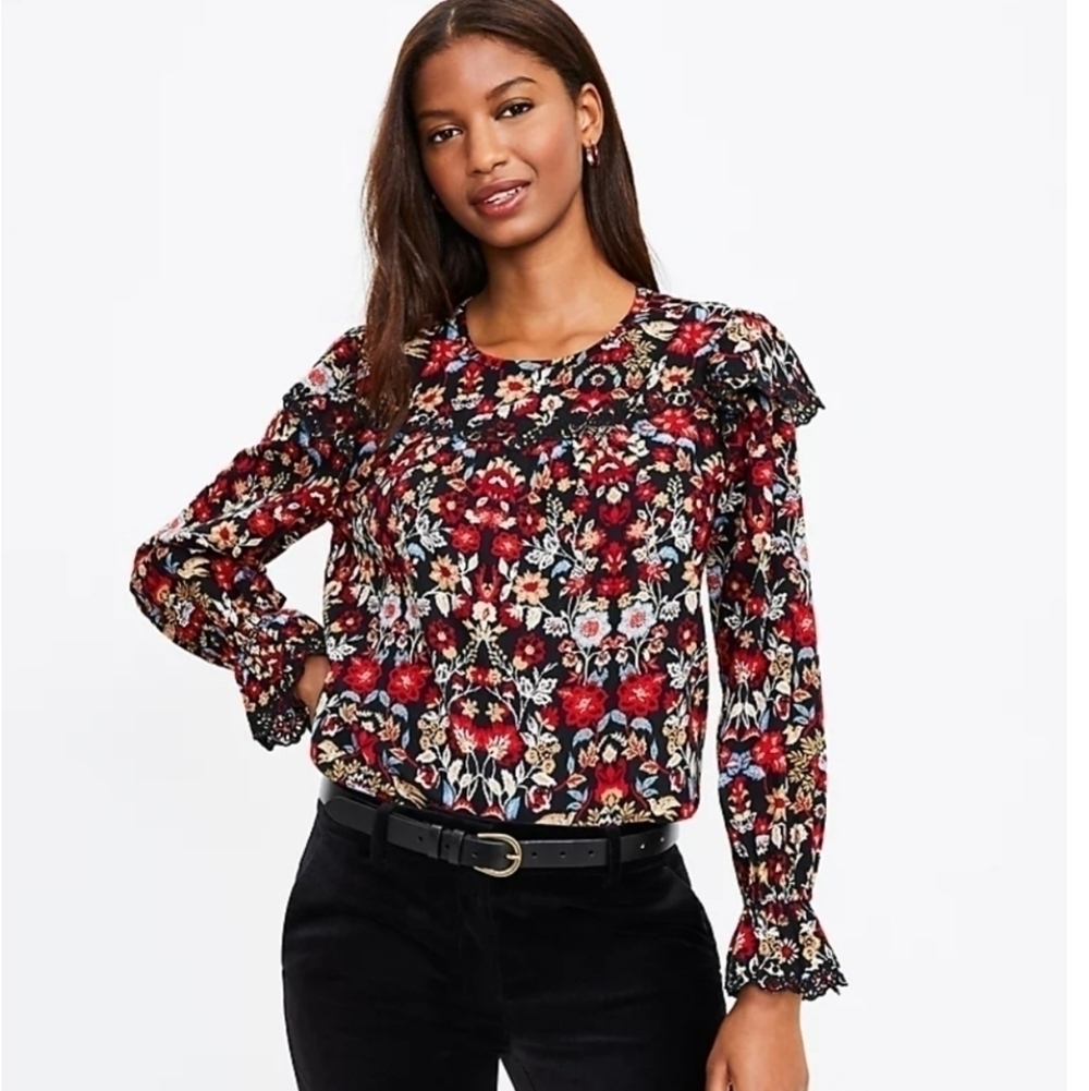 LOFT Forest Ruffle Scalloped Yoke Top NWOT Size XXS